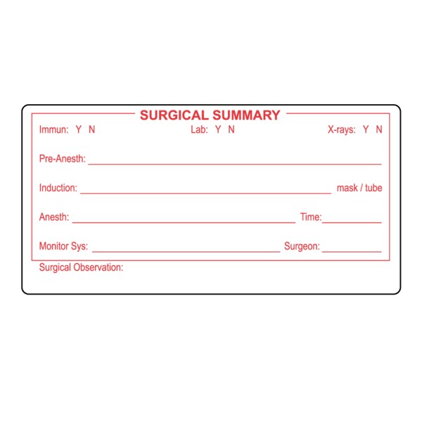 Label, Surgical Summary Pre-Anesth - White w/Red 4" x 2"